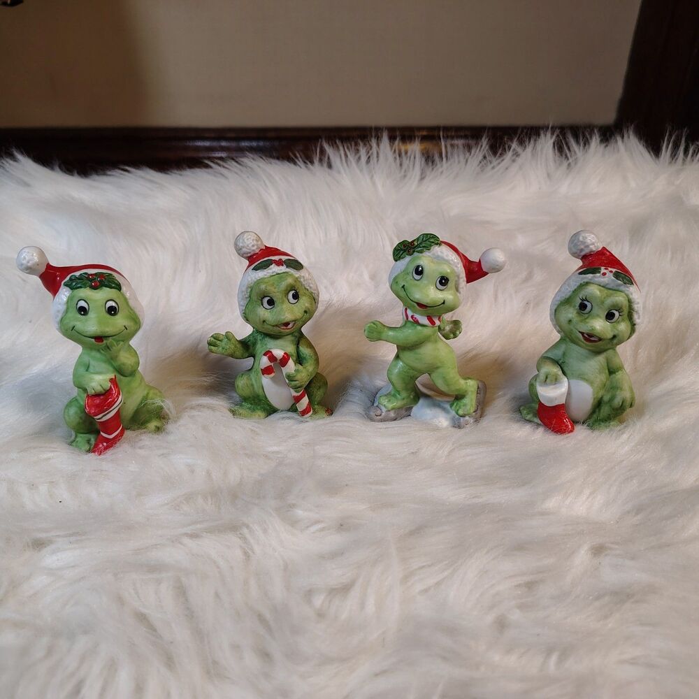 Lefton Japan Christmas Candy Cane Stocking VTG Frog Figurine X4 Set